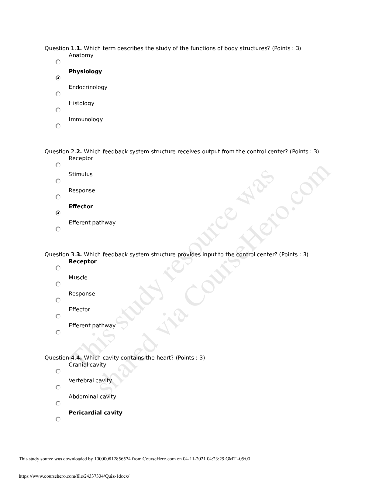 Preview image for BIOS 256 Week 1: Quiz 1 WITH Answers /Anatomy And Pysiology IV/2020/2021 GRADED A